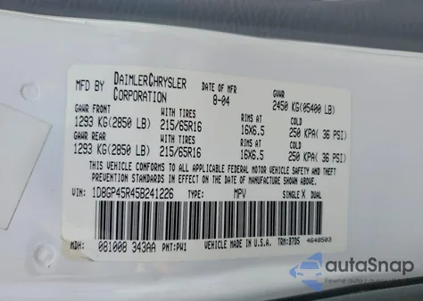 2005 Dodge Caravan Sxt z USA, uszkodzony, nr VIN 1D8GP45R45B241226